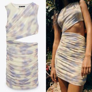 Zara cutout tulle mesh mini printed tie dye dress, white, lilac, blue color Sz M
